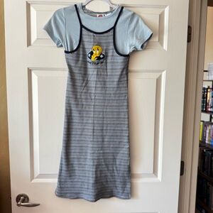 Looney Tunes Tweety Bird Vintage 1999 Blue and Black Striped girls Casual Dress